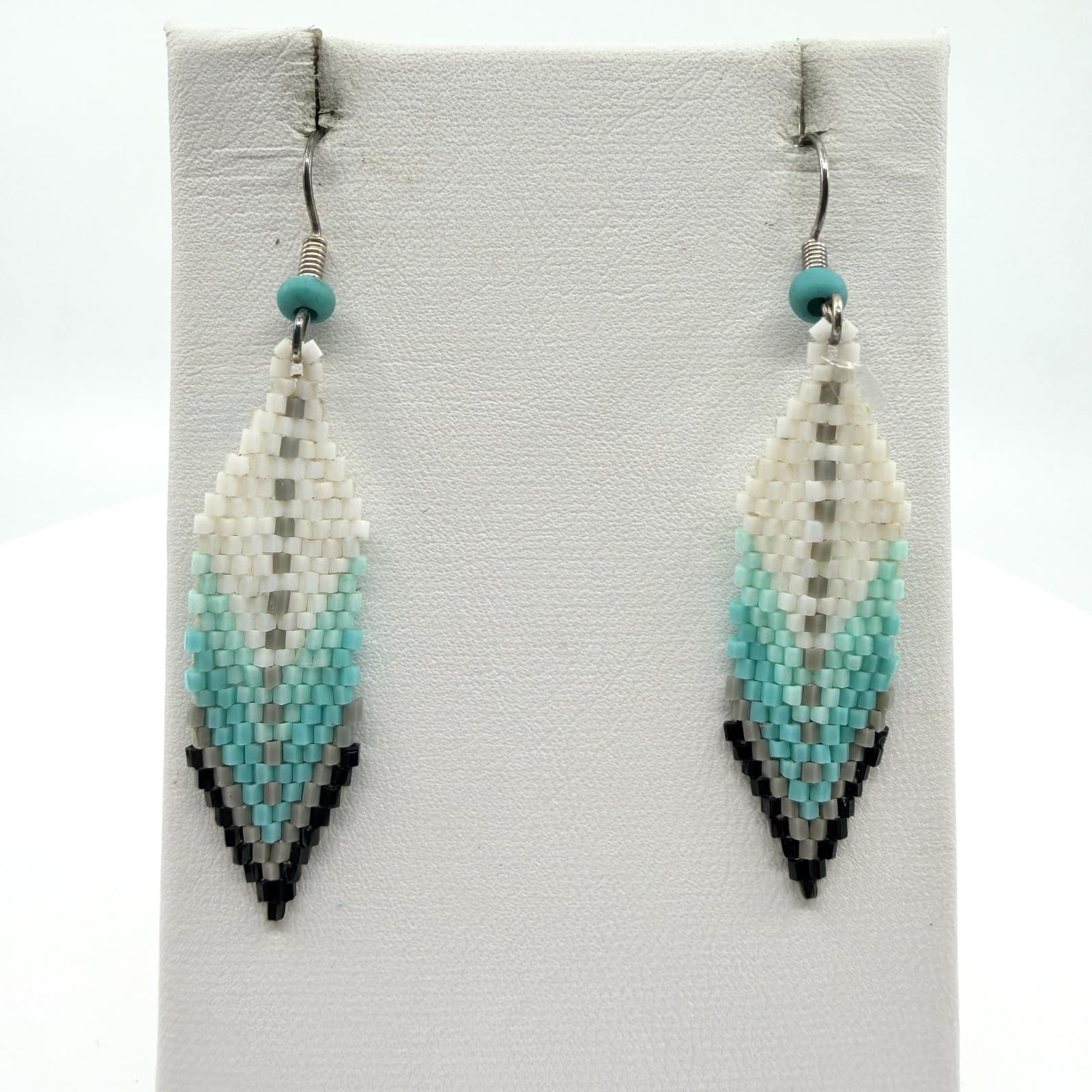 Vintage Southwestern Teal Seed Bead Dangle Earrings Boho Leaf Drop Chevron Retro