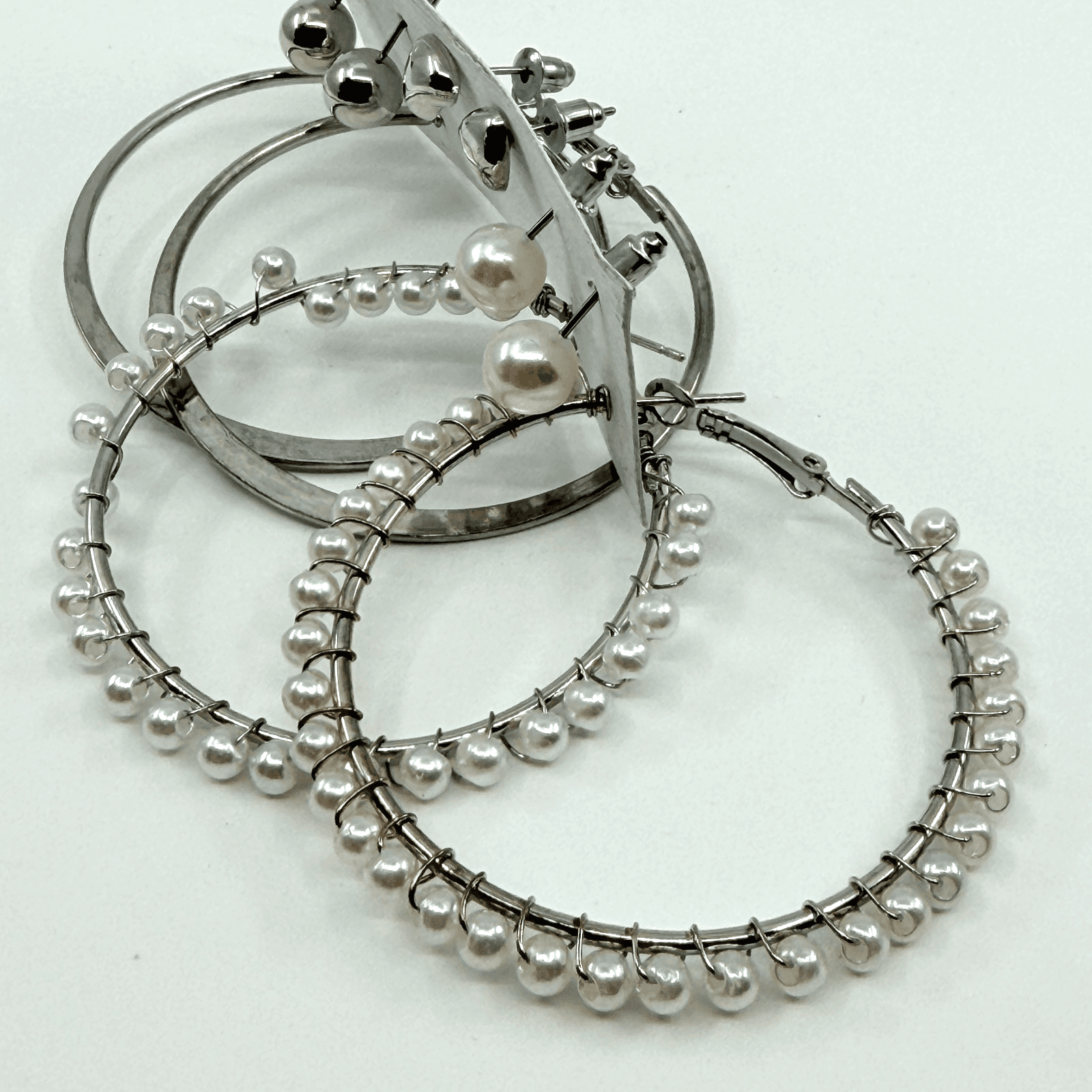 Vintage Y2K Silver Tone Faux Pearl Hoop Stud Earrings Set Multi Pack 4 Pairs