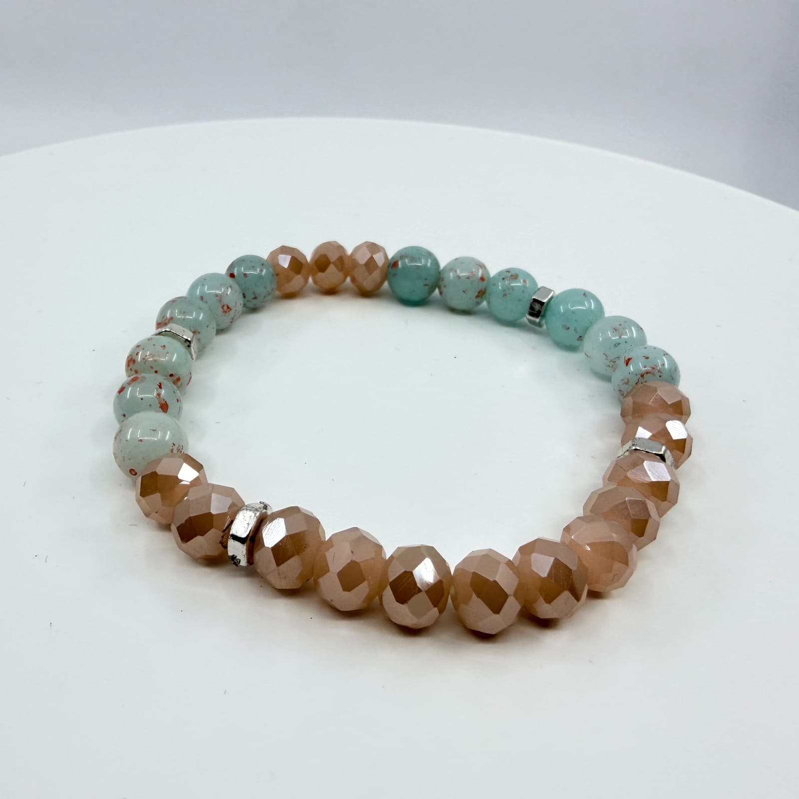 Vintage Y2K Mint Green Speckled Peach Beaded Stretch Bracelet Boho Coastal Style