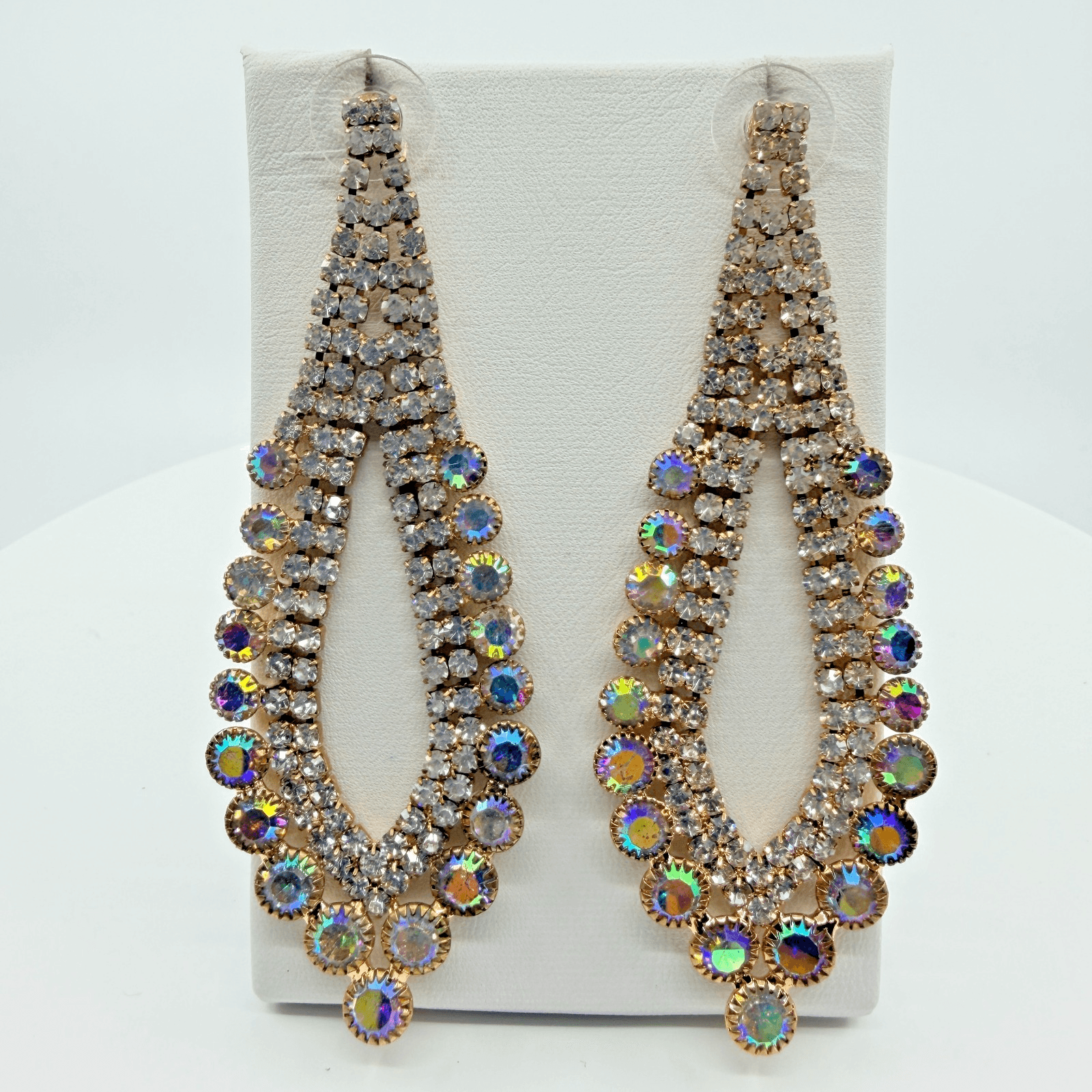 Vintage Aurora Borealis Rhinestone Chandelier Statement Earrings Gold Tone Y2K