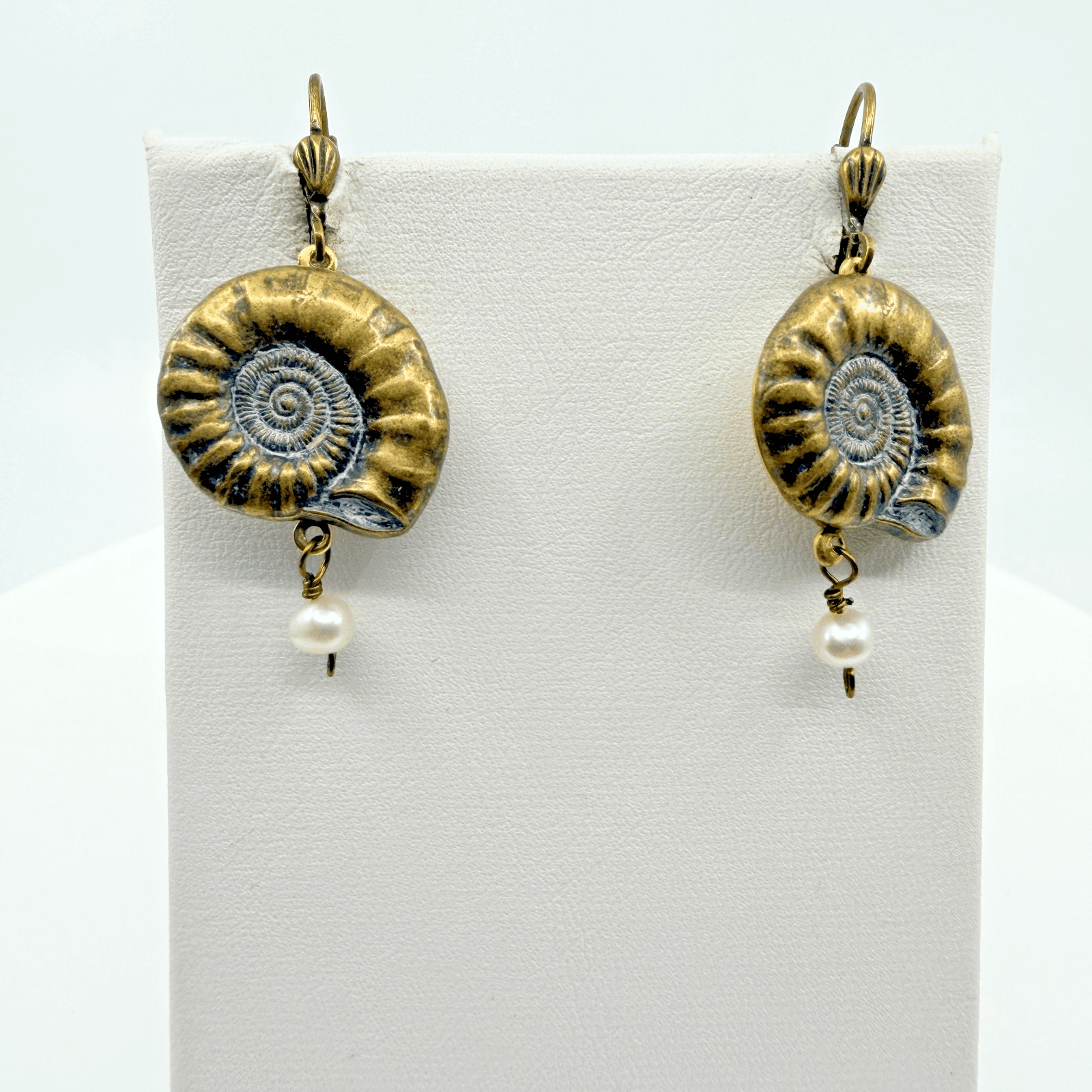 VTG Antique Bronze Tone Ammonite Fossil Shell Dangle Hinged Faux Pearl Earring