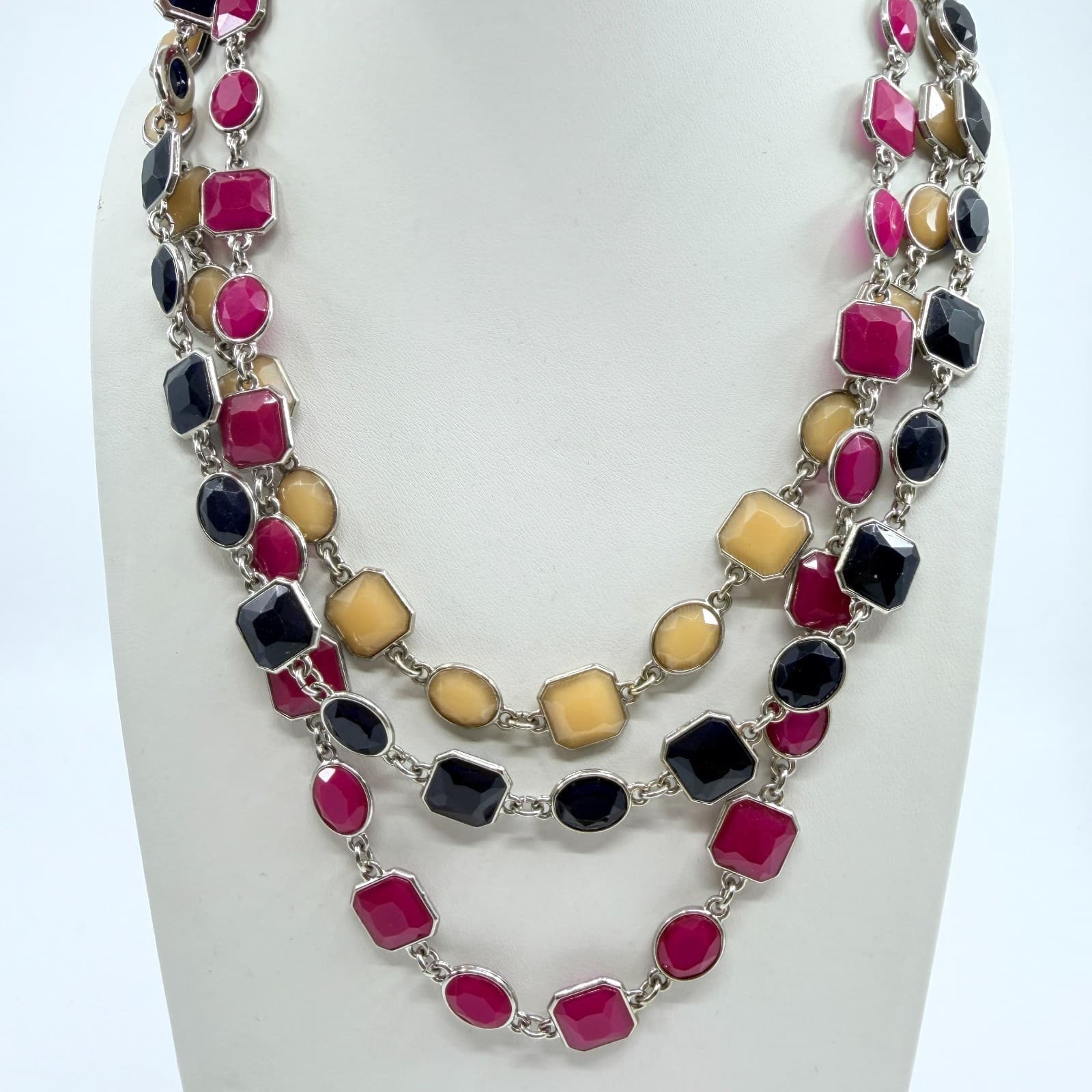 VTG Ann Taylor Multi-Strand Statement Necklace Resin Geo Links Magenta Black