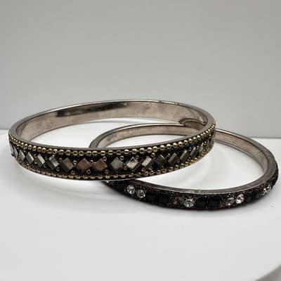 Vintage 90s Black Glass Bangle Bracelet Set Silver Tone Boho Women's Jewelry Y2K