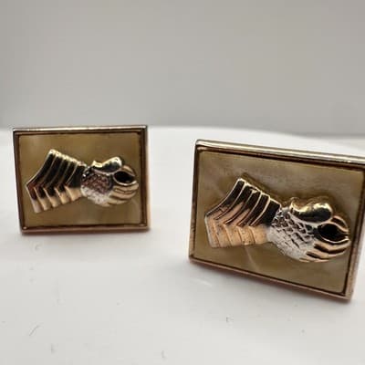 Vintage 80s Gold Tone Cream Rectangular Cufflinks Military Chevron Design Retro