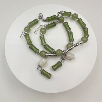 Vintage 80s Green Jade Bamboo Charm Bracelet Silver Tone Adjustable Jewelry Boho