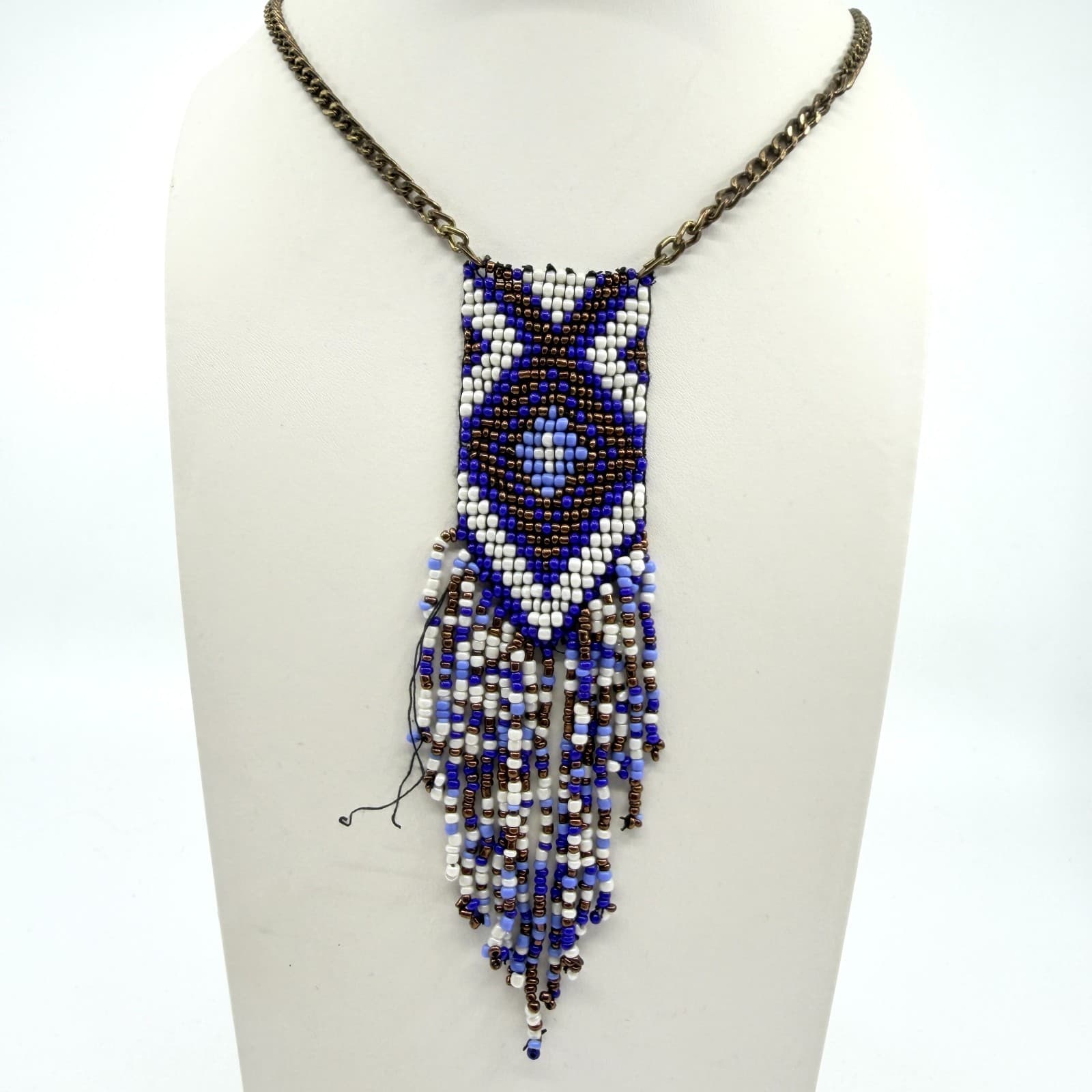 Vintage Y2K Beaded Fringe Pendant Necklace Geometric Southwestern Blue Cream
