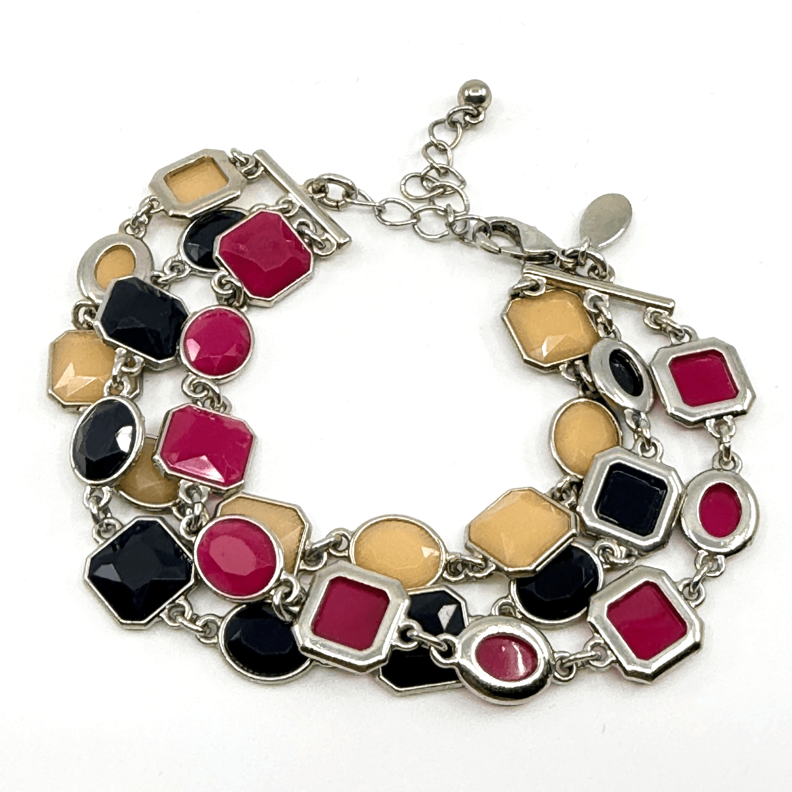 VTG Y2K Multi Strand Statement Bracelet Silver Tone Pink Black Cream Geometric