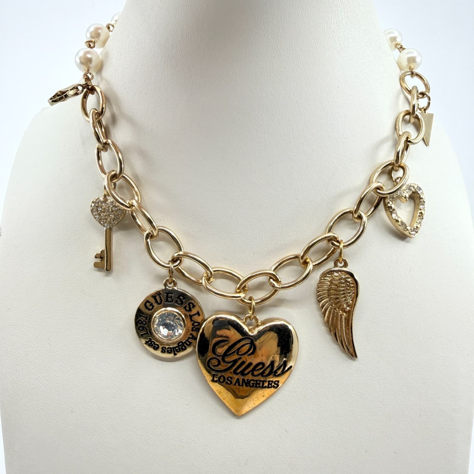 Vintage GUESS Los Angele Y2K Gold Tone Faux Pearl Multi Charm Chain Necklace