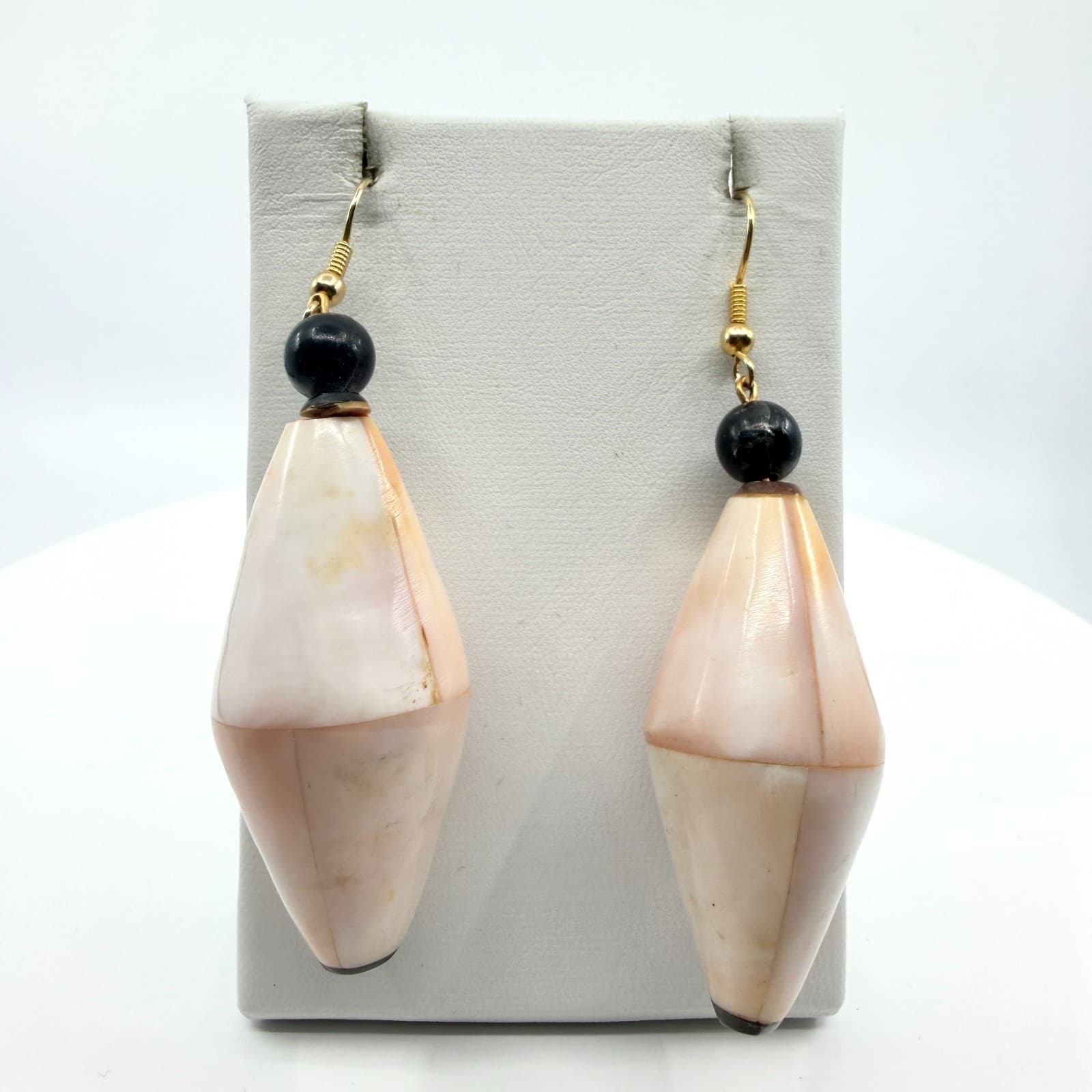 Vintage Mother of Pearl Shell Dangle Earrings Boho Pink Cream Onyx Bead Drop