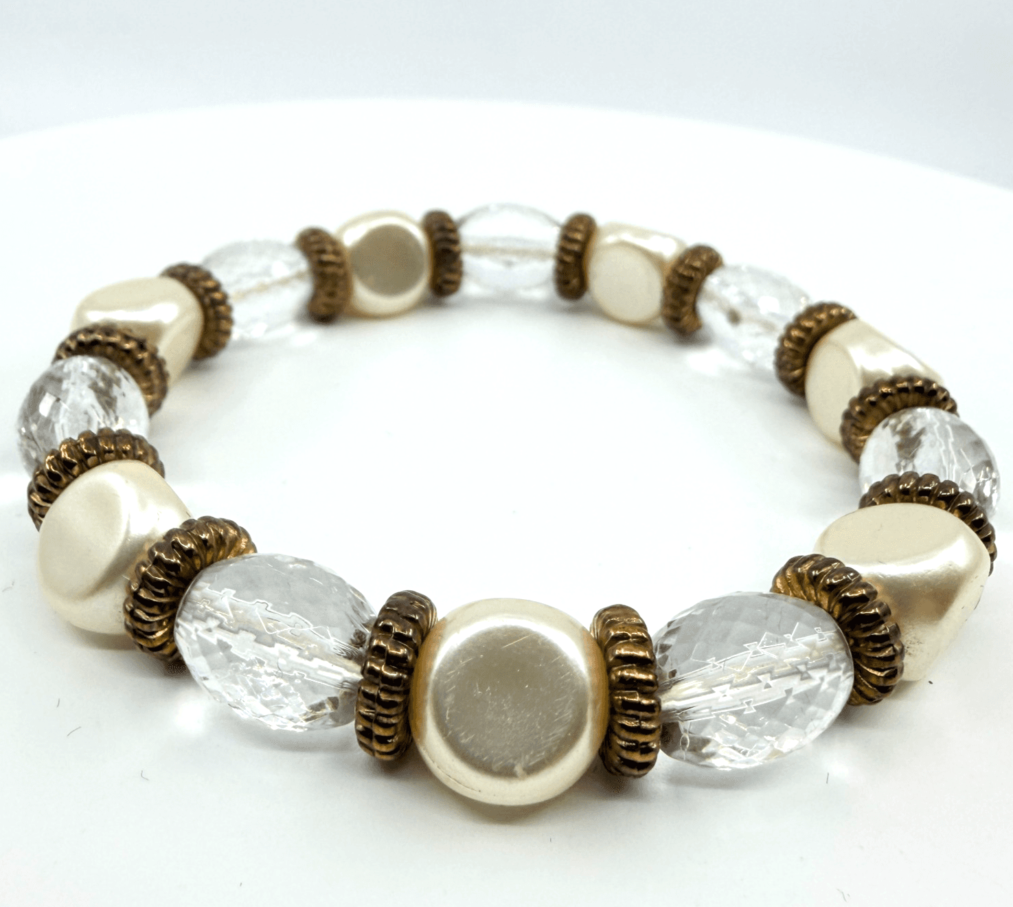 Vintage Faux Pearl Clear Faceted Lucite Bead Stretch Bracelet Boho Stackable