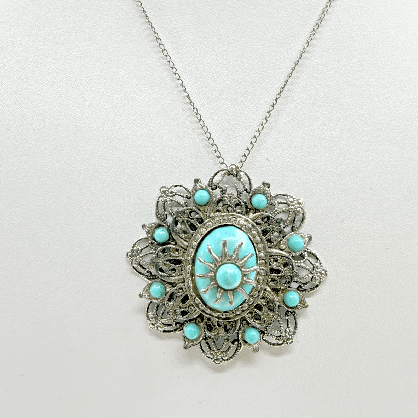 Vintage Silver Tone Faux Larimar Filigree Sunburst Statement Pendant Necklace