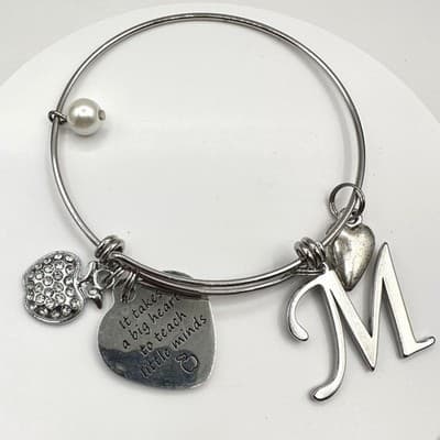 Vintage 90s Silver Tone Teacher Bangle Bracelet Apple Heart Initial M Charm Y2K