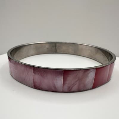 Vintage 80s Pink Mother of Pearl Inlay Bangle Bracelet Silver Tone Boho Style