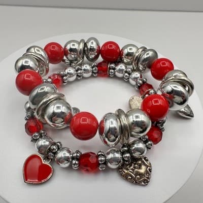 Vintage 90s Y2K Red Silver Heart Charm Beaded Stretch Bracelet Set Statement Y2K