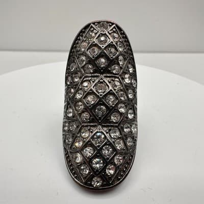 Vintage 90s Clear Glass Rhinestone Geometric Ring Silver Tone Women's Jewelry