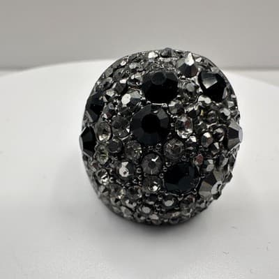 Vintage 90s Silver Tone Dome Ring with Black Rhinestone for Women Jewelry Boho