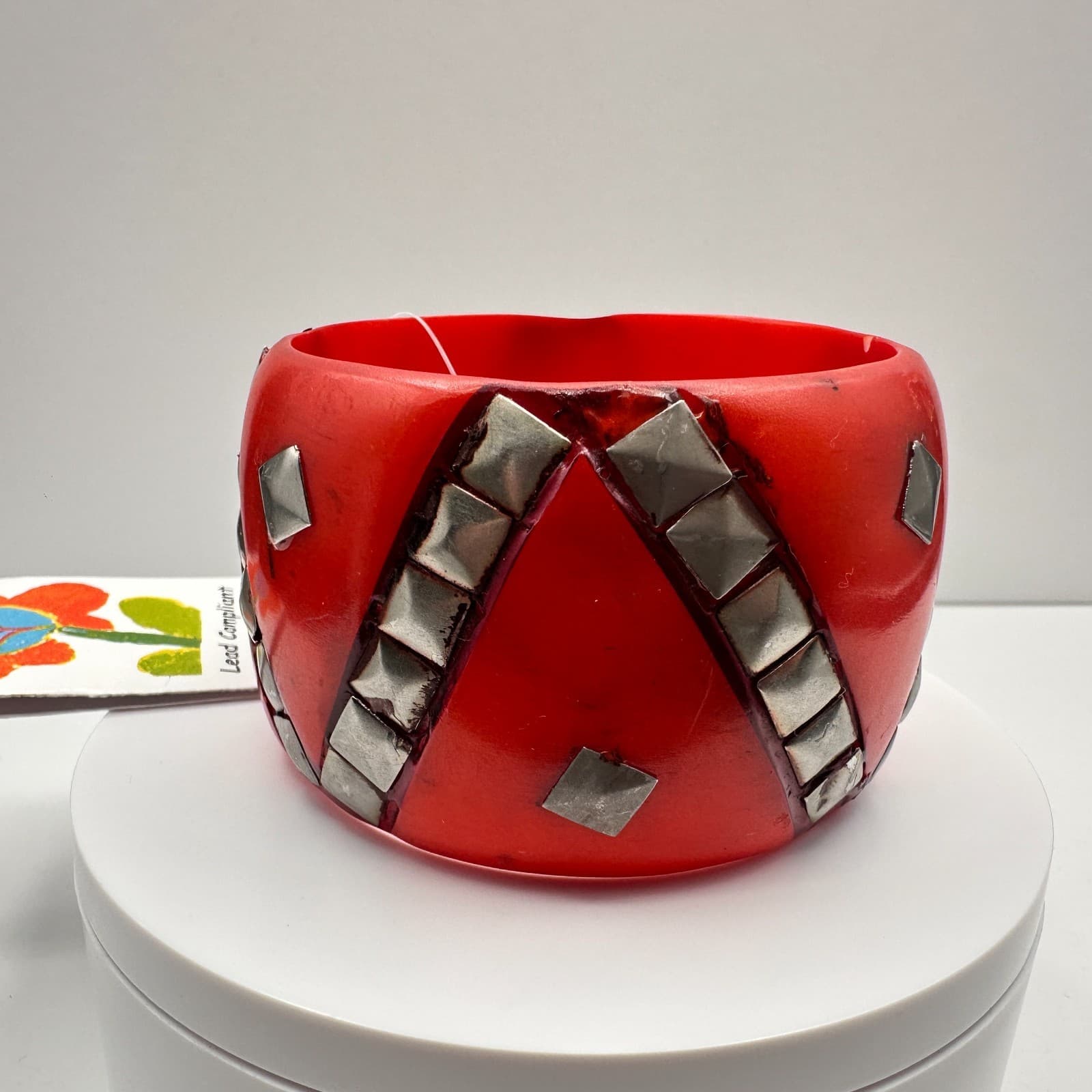 Vintage 80s Red Resin Bangle Bracelet with Silver Pyramid Studs Punk Style Retro