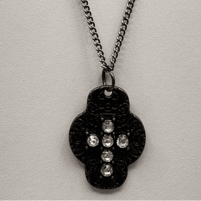 Vintage 70s Black Cross Pendant Necklace Antique Finish Jewelry Charm Boho Retro