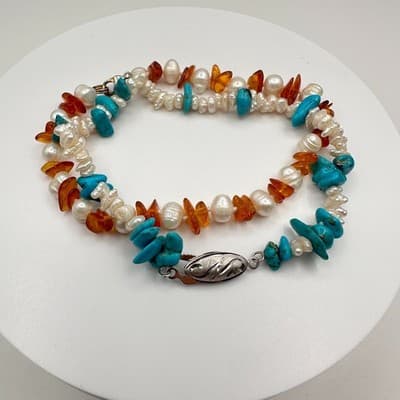 Vintage 90s Multi-Stone Pearl Turquoise Amber Bracelet Set Silver Tone Jewelry