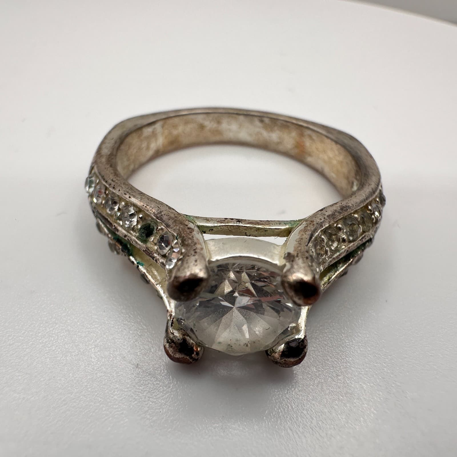 Vintage Y2K Silver Tone Clear Rhinestone Statement Round Ring for Women Boho 90s