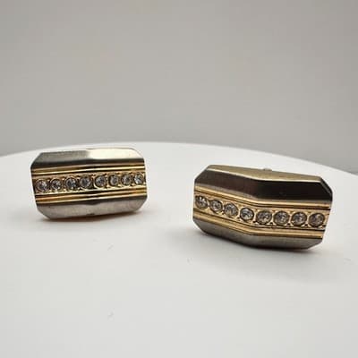 Vintage 90s Gold Tone Glass Rhinestone Cufflinks Classic Men's Fashion Jewelry