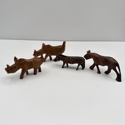 Vintage 90s Hand Carved Wood Animal Set Rhino Zebra Lion Safari Figurines Retro