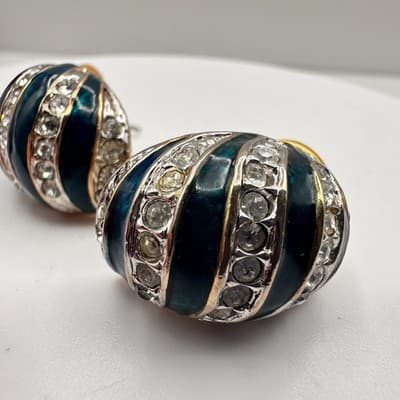 Vintage 80s Teal Blue Enamel Silver Tone Rhinestone Half Hoop Earrings Jewelry