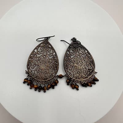 Vintage 90s Bronze Tone Filigree Tigers Eye Brown Teardrop Dangle Earrings Boho