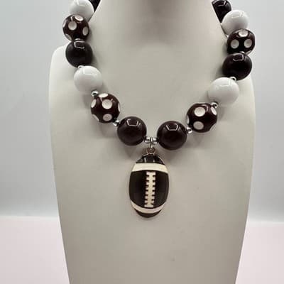 Vintage 90s Sports Football Pendant Necklace Brown White Polka Dot Chunky Beads