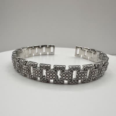 Vintage 90s Silver Tone Pave Glass Cuff Bracelet Geometric Link Fashion Jewelry