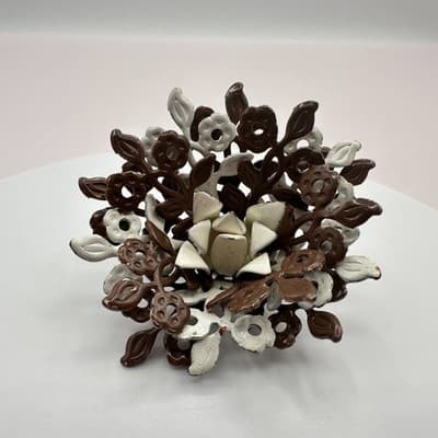 Vintage 60s Enamel Flower Bouquet Brooch Brown & White Floral Pin Jewelry Retro