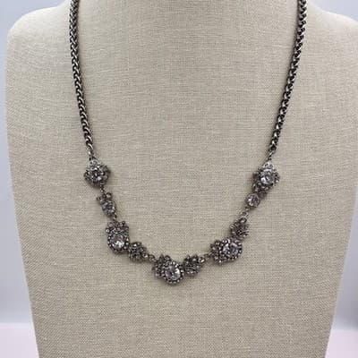 Vintage 90s Silver Tone Cubic Zirconia Glass Floral Statement Necklace Jewelry