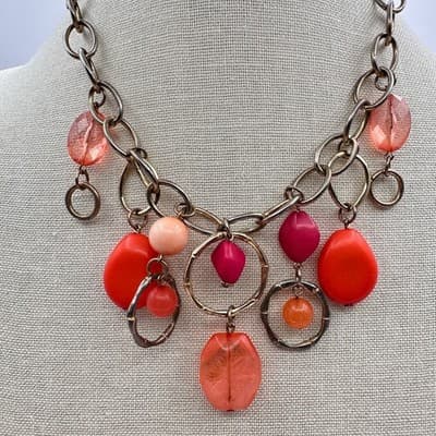 Vintage 90s Red & Pink Bead Chunky Chain Dangle Necklace Silver Tone Jewelry Y2K