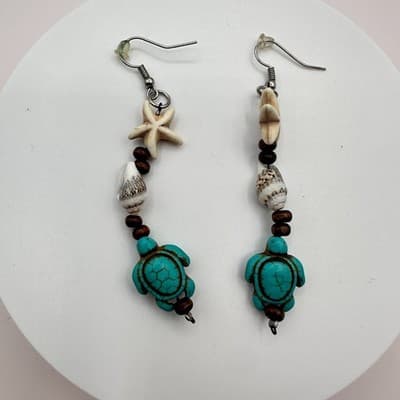 Vintage 90s Faux Turquoise Sea Turtle Starfish Shell Dangle Earrings Jewelry Y2K