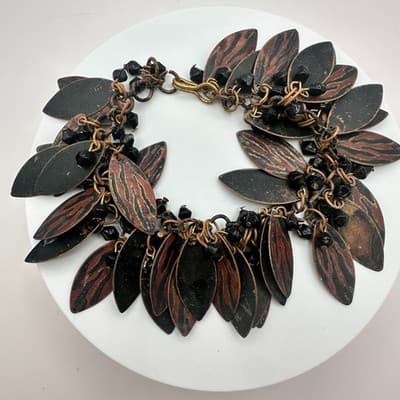 Vintage 80s Tribal Black & Copper Metal Leaf Cascade Statement Bracelet Jewelry