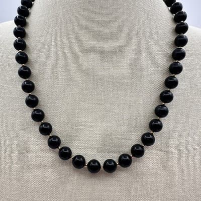 Vintage Y2K Glossy Black Round Beaded Necklace Gold-Tone Women Jewelry Bib Y2K