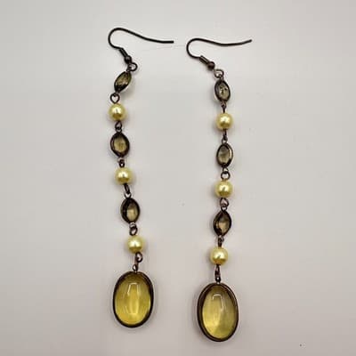 Vintage 90s Faux Pearl Beaded Dangle Earrings Yellow Glass Boho Women's Jewelry