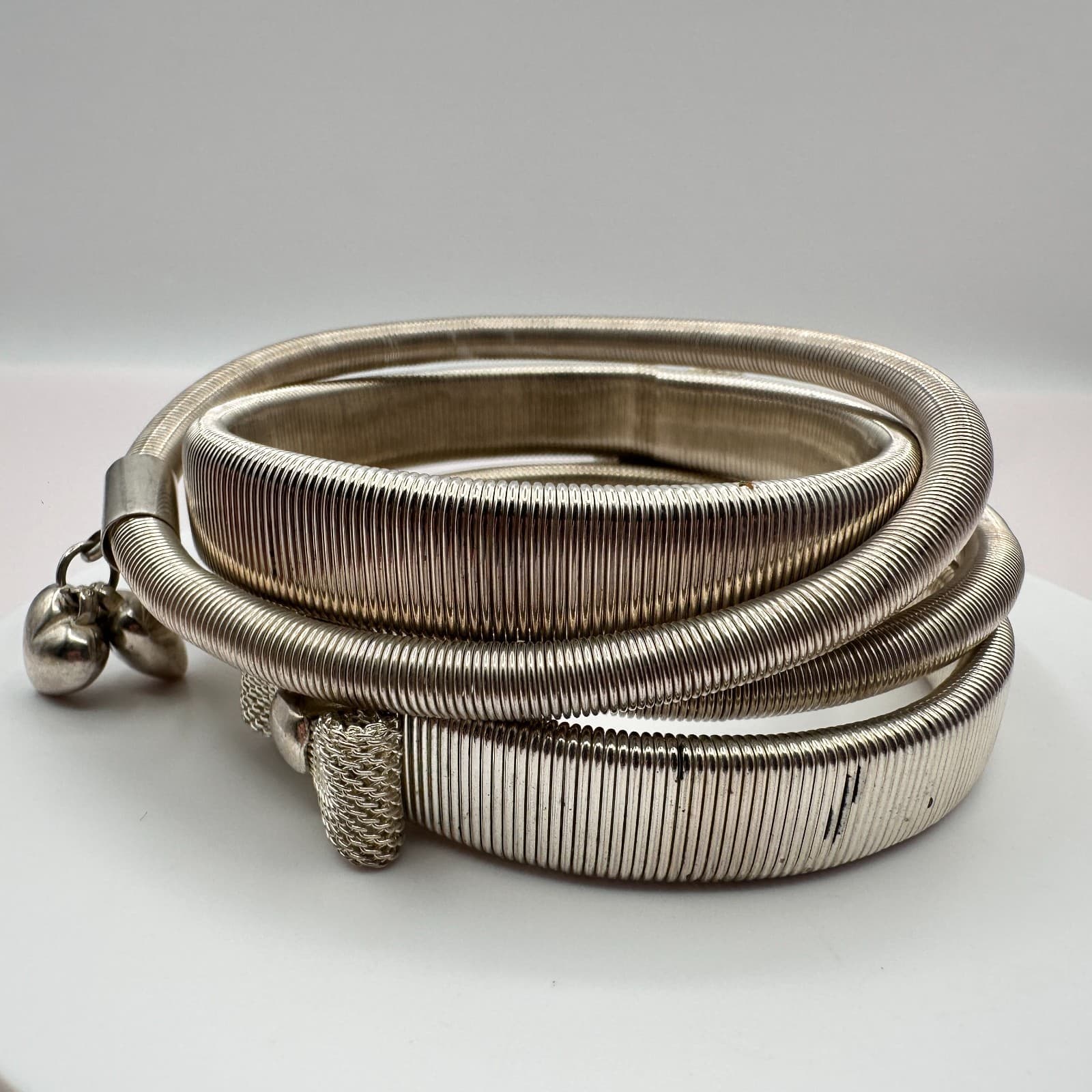 Vintage 90s Silver Tone Snake Coil Wrap Bracelet Heart Charms Mesh Bow Jewelry