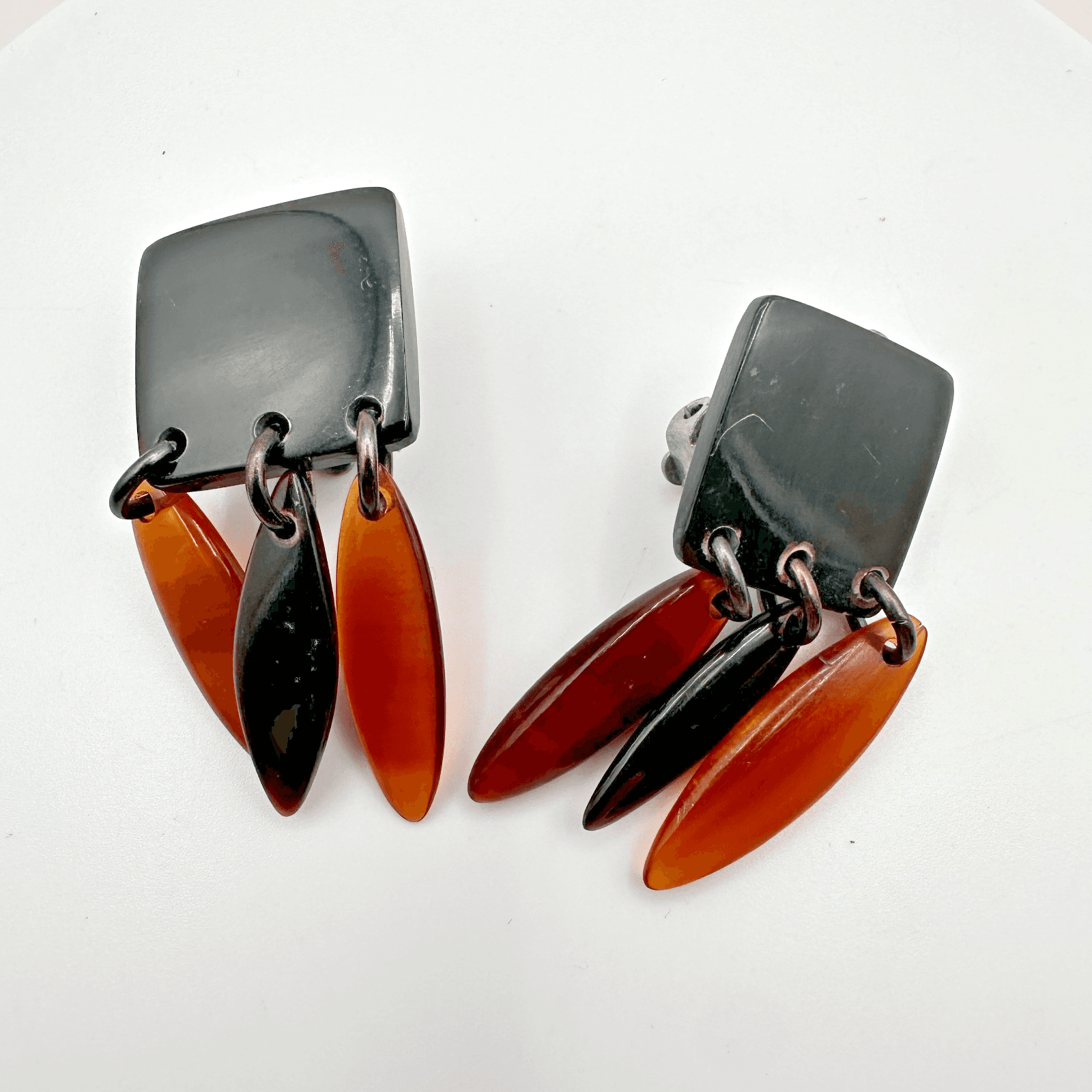 Vintage 80s Geometric Dangle Earrings Black & Amber Resin Women's Jewelry Retro