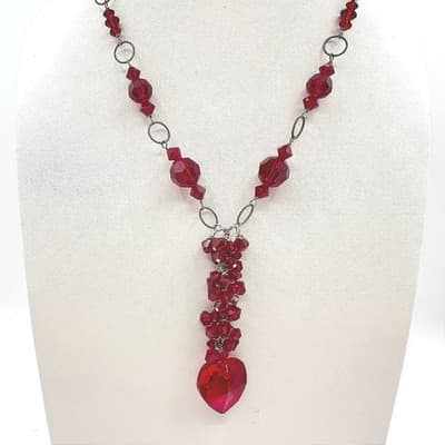 Vintage 90s Red Glass Heart Pendant Necklace Silver Tone Boho Statement Jewelry