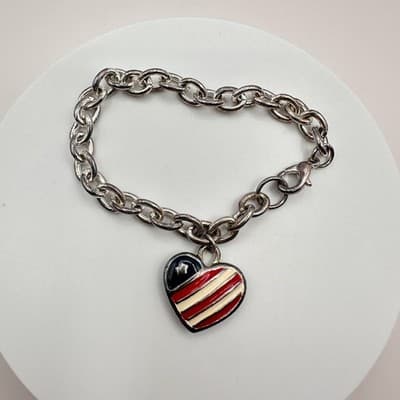 Vintage 90s American Flag Heart Charm Bracelet Silver Tone Enamel Jewelry