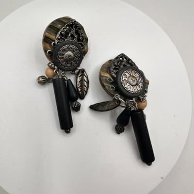 Vintage 90s Dangle Earrings Black Wooden Silver Tone Leaf Boho Woemn's Jewelry