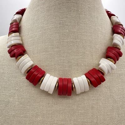 Vintage 80s Red White Chunky Segment Bead Statement Necklace Gold Tone Jewelry