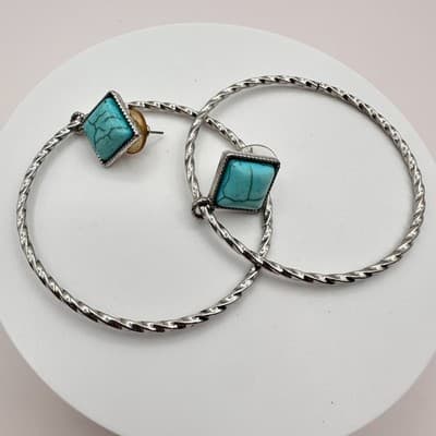 Vintage 90s Faux Turquoise Square Twisted Hoop Earrings Set Silver Tone Jewelry