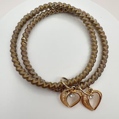 Vintage 90s Crystal Heart Coil Bangle Bracelet Set Multi Tone Women's Jewelry
