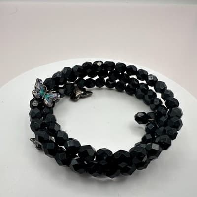 Vintage 90s Black Beaded Memory Wire Wrap Bracelet Butterfly Charms Boho Goth