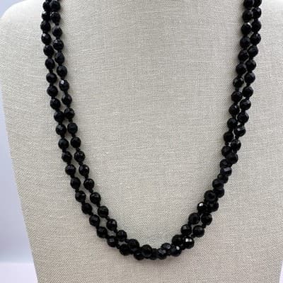 Vintage 90s Jet Black Beaded Double Strand Necklace Faceted Acrylic Boho Jewelry