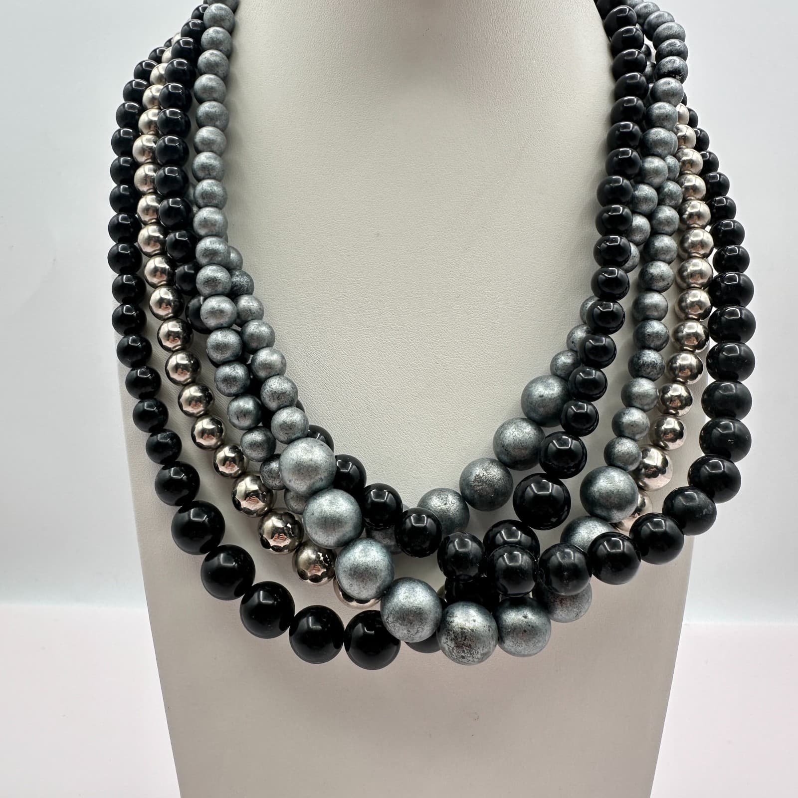 VTG Silver Tone Chunky Chain Necklace Statement Bold Faux Pearl Beaded Bib Y2K