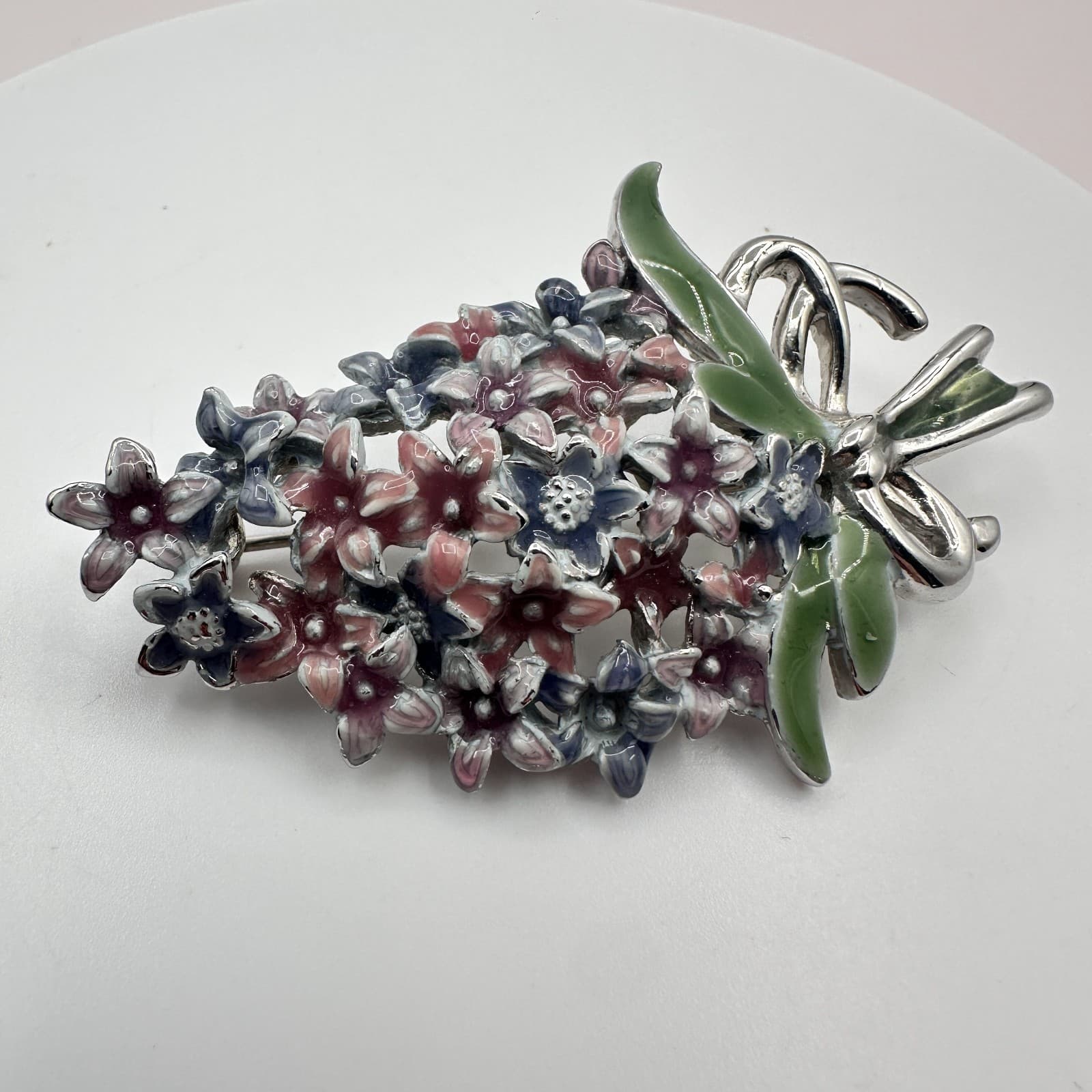 Vintage 90s Silver Tone Enamel Floral Bouquet Brooch Pin Women's Classic Jewelry