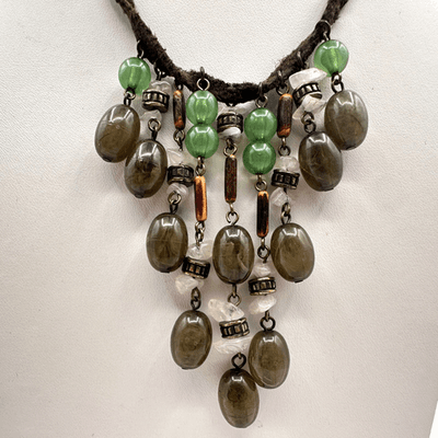 Vintage 90s Waterfall Bib Necklace Green Stone Brown Suede Fringe Goblincore Bib